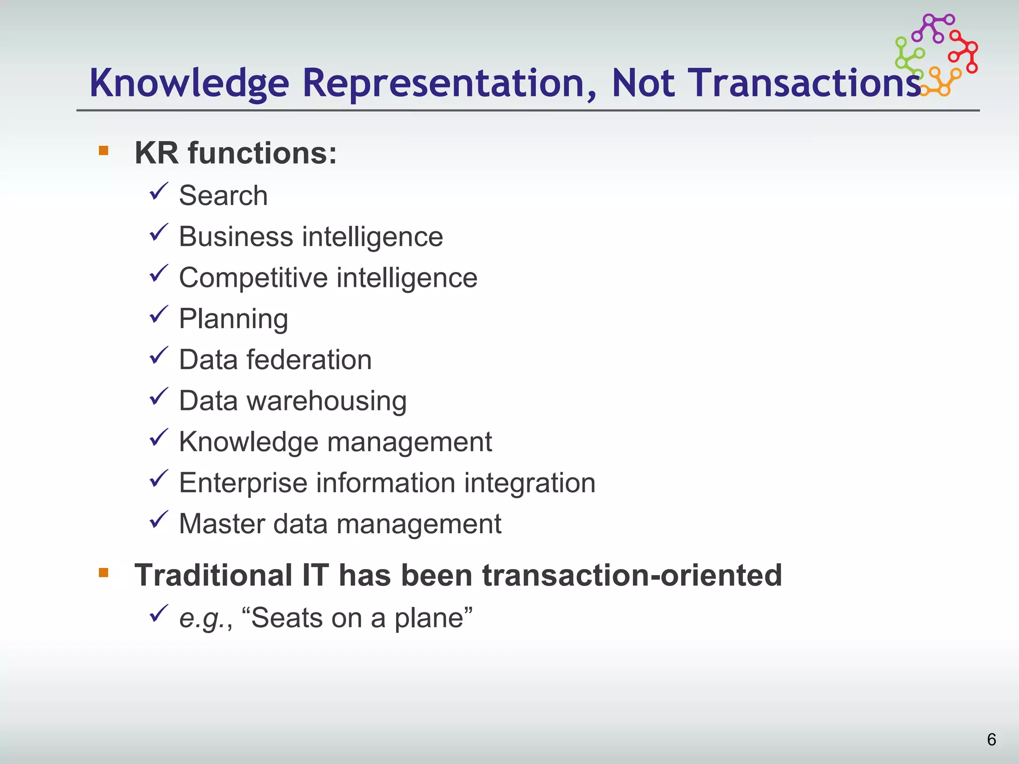 Knowledge Representation, Not Transactions
 KR functions:
      Search
      Business intelligence
      Competitive intelligence
      Planning
      Data federation
      Data warehousing
      Knowledge management
      Enterprise information integration
      Master data management
 Traditional IT has been transaction-oriented
    e.g., “Seats on a plane”



                                                 6
 