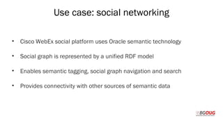 Use case: social networking
• Cisco WebEx social platform uses Oracle semantic technology
• Social graph is represented by a unified RDF model
• Enables semantic tagging, social graph navigation and search
• Provides connectivity with other sources of semantic data
Martin Toshev Prague, 19-20 October 2017
 