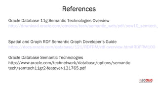 References
Oracle Database 11g Semantic Technologies Overview
http://download.oracle.com/otndocs/tech/semantic_web/pdf/oow10_semtech_
Spatial and Graph RDF Semantic Graph Developer’s Guide
https://docs.oracle.com/database/121/RDFRM/rdf-overview.htm#RDFRM100
Oracle Database Semantic Technologies
http://www.oracle.com/technetwork/database/options/semantic-
tech/semtech11gr2-featover-131765.pdf
Martin Toshev Prague, 19-20 October 2017
 
