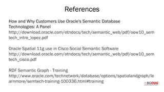 References
How and Why Customers Use Oracle's Semantic Database
Technologies: A Panel
http://download.oracle.com/otndocs/tech/semantic_web/pdf/oow10_sem
tech_intro_lopez.pdf
Oracle Spatial 11g use in Cisco Social Semantic Software
http://download.oracle.com/otndocs/tech/semantic_web/pdf/oow10_sem
tech_cisco.pdf
RDF Semantic Graph - Training
http://www.oracle.com/technetwork/database/options/spatialandgraph/le
arnmore/semtech-training-100336.html#training
Martin Toshev Prague, 19-20 October 2017
 