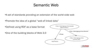 Semantic Web
•A set of standards providing an extension of the world wide web
•Promote the idea of a global “web of linked data”
•Defined using RDF as a base format
•One of the building blocks of Web 3.0
Martin Toshev Prague, 19-20 October 2017
<http://data.bgoug.online/people
/MartinToshev>
<http://data.bgoug.online
/events/100>
foaf:Person
<http://data.bgoug.online/attends>
rdf:type
 