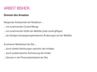 ARBEIT BISHER.
Grenzen des Ansatzes

Steigender Aufwand bei der Redaktion …
… mit zunehmender Content-Menge
… mit zunehmender Größe der WebSite (viele LandingPages)
... bei häufigen (kampagnengetriebenen) Änderungen auf der WebSite


Erschwerte Wartbarkeit der Site …
… durch direkte Verlinkungen zwischen den Inhalten
… durch problematische Archivierung der Inhalte
… Grenzen in der Personalisierbarkeit der Site
 