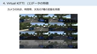 4. Virtual KITTI (1)データの特徴
カメラの向き、時間帯、天気の7種の変動を用意
 