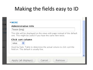 View context + PanelsAllow you to put rows within a layout.Allow you to select which fields per row.Allow you to place things in between your rows.