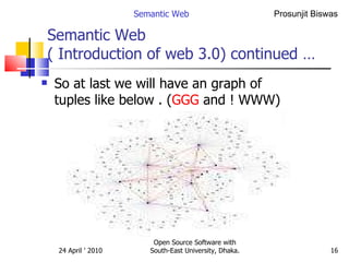 Semantic Web  ( Introduction of web 3.0) continued … So at last we will have an graph of tuples like below . ( GGG  and ! WWW) Semantic Web Open Source Software with South-East University, Dhaka. 