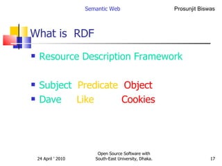 What is  RDF Resource Description Framework Subject   Predicate   Object Dave   Like   Cookies Semantic Web Open Source Software with South-East University, Dhaka. 