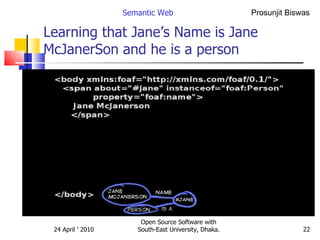 Learning that Jane’s Name is Jane McJanerSon and he is a person Semantic Web Open Source Software with South-East University, Dhaka. 