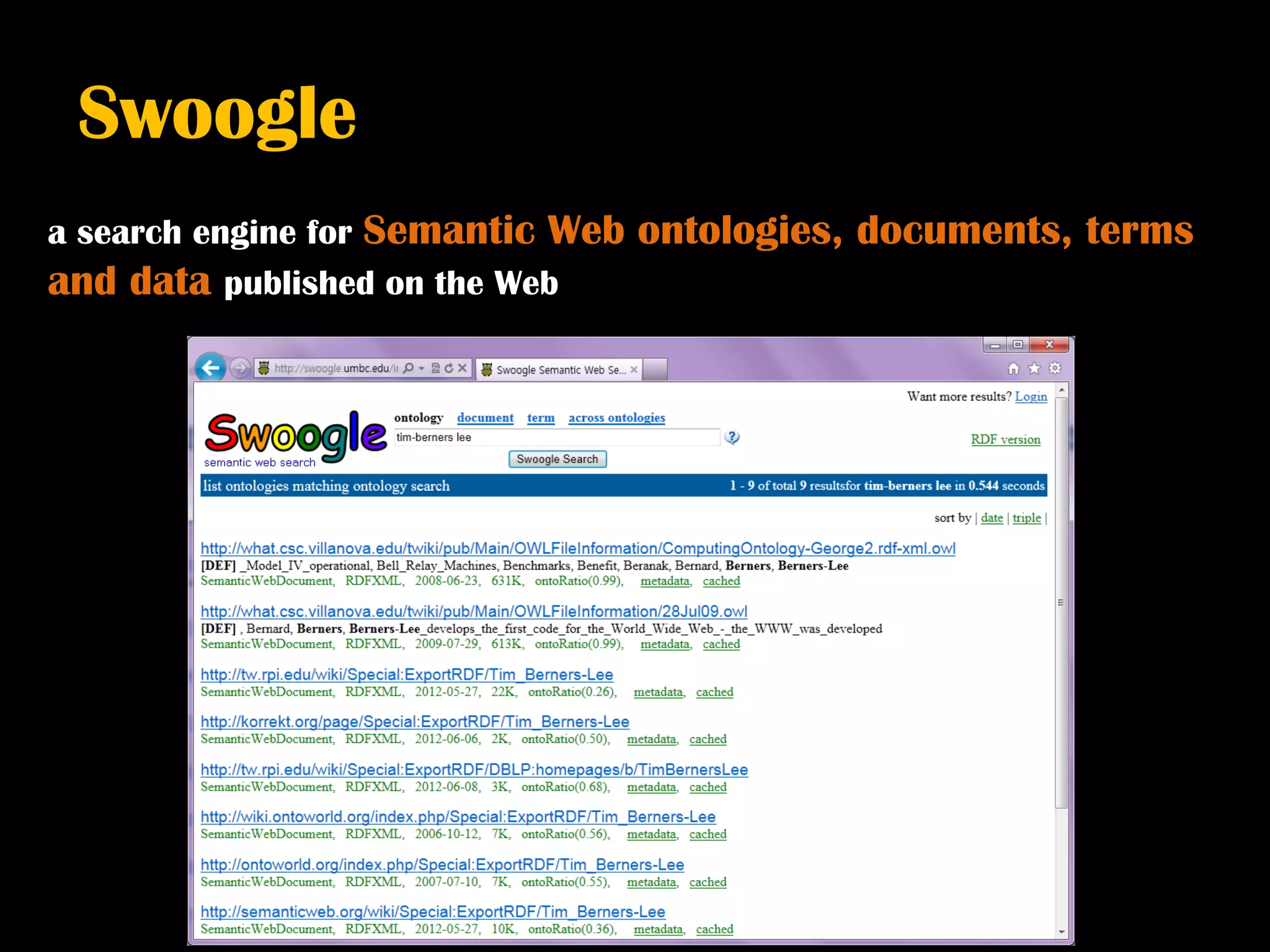 Swoogle
a search engine for Semantic Web   ontologies, documents, terms
and data published on the Web
 