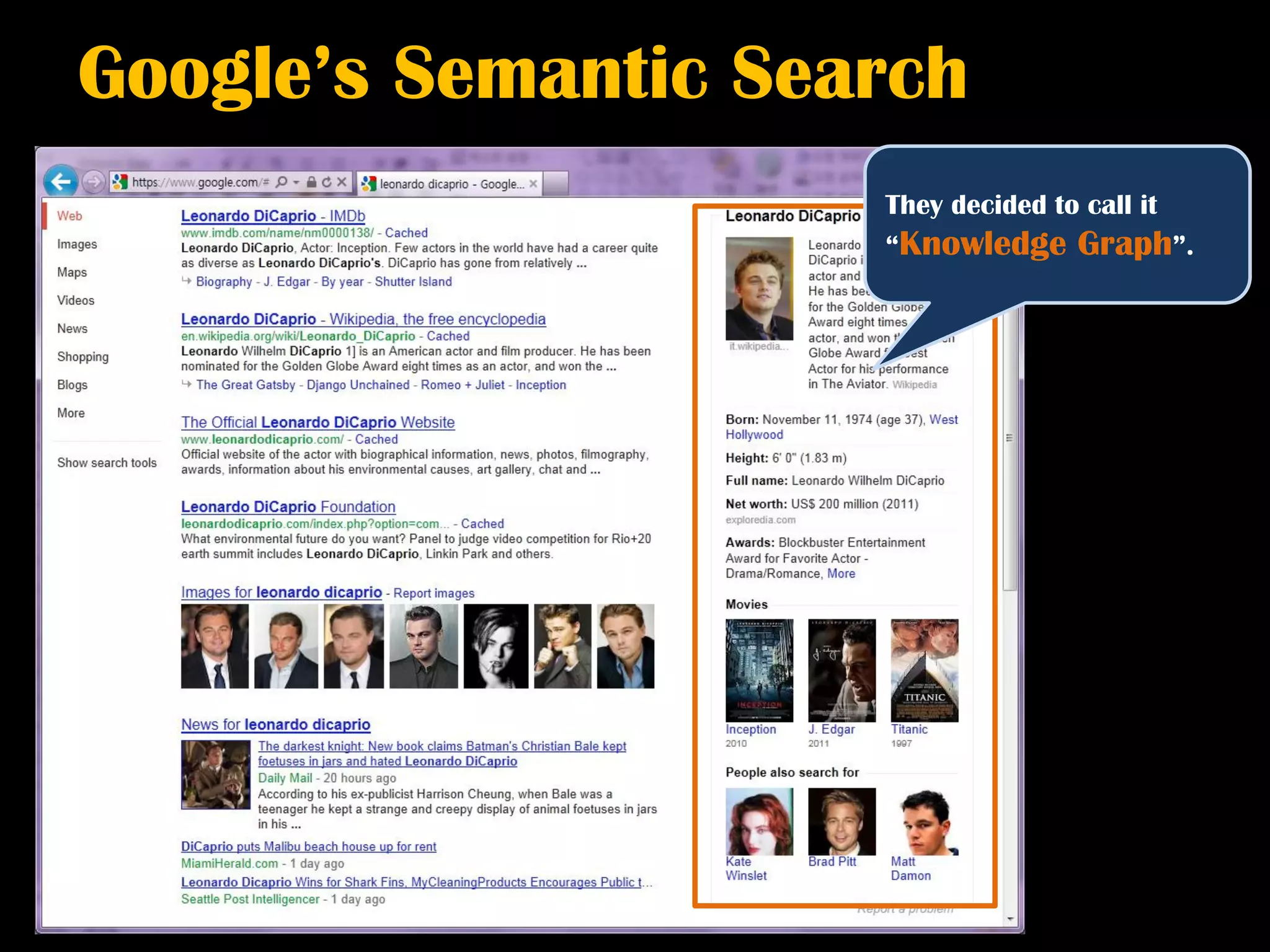 Google’s Semantic Search
                     They decided to call it
                     “Knowledge Graph”.
 