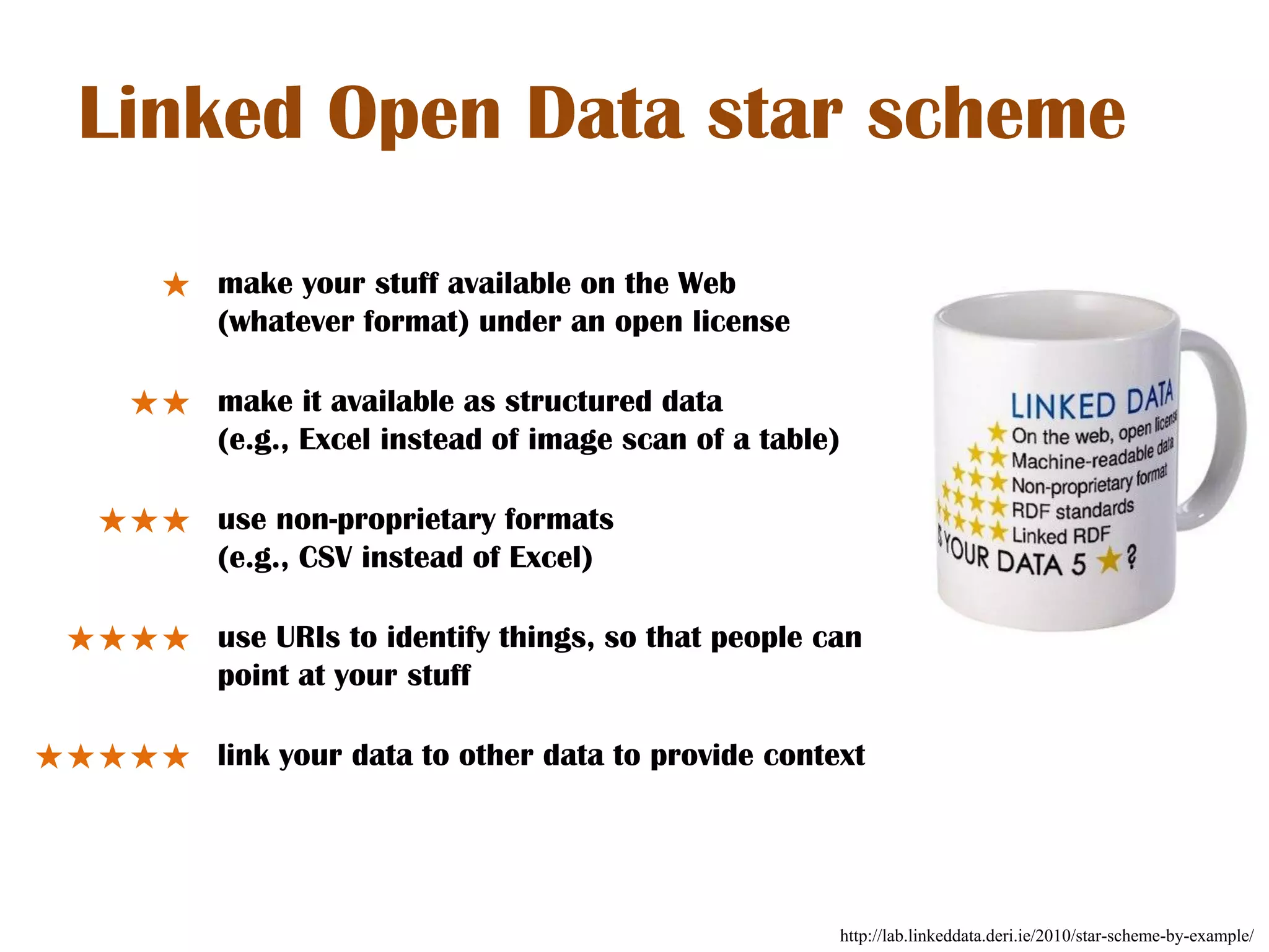 Linked Open Data star scheme

        ★ make your stuff available on the Web
          (whatever format) under an open license

      ★★ make it available as structured data
         (e.g., Excel instead of image scan of a table)

    ★★★ use non-proprietary formats
        (e.g., CSV instead of Excel)

  ★★★★ use URIs to identify things, so that people can
       point at your stuff

★★★★★ link your data to other data to provide context




                                                          http://lab.linkeddata.deri.ie/2010/star-scheme-by-example/
 
