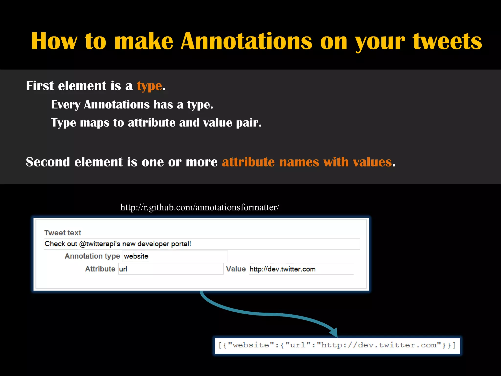 How to make Annotations on your tweets
First element is a type.
    Every Annotations has a type.
    Type maps to attribute and value pair.


Second element is one or more attribute names with values.


                http://r.github.com/annotationsformatter/
 
