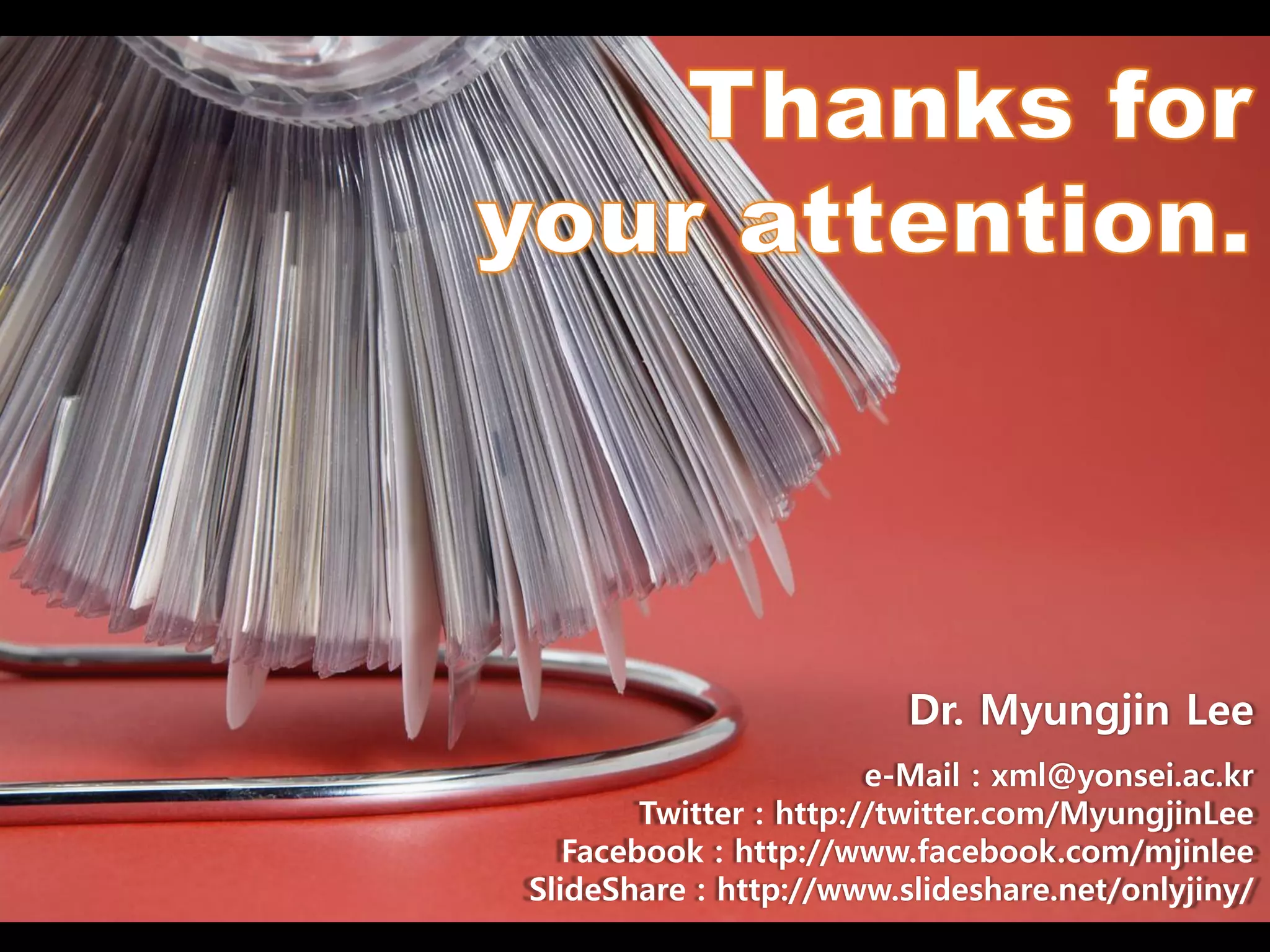 Contents Search on the Semantic Web




                                                               Dr. Myungjin Lee
                                                              e-Mail : xml@yonsei.ac.kr
                                              Twitter : http://twitter.com/MyungjinLee
                                         Facebook : http://www.facebook.com/mjinlee
                                      SlideShare : http://www.slideshare.net/onlyjiny/
 