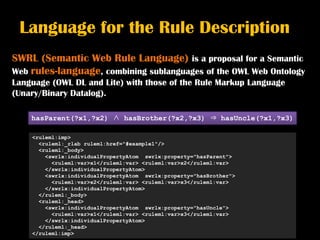 Language for the Rule Description
SWRL (Semantic Web Rule Language) is a proposal for a Semantic
Web rules-language, combining sublanguages of the OWL Web Ontology
Language (OWL DL and Lite) with those of the Rule Markup Language
(Unary/Binary Datalog).

    hasParent(?x1,?x2) ∧ hasBrother(?x2,?x3) ⇒ hasUncle(?x1,?x3)

    <ruleml:imp>
      <ruleml:_rlab ruleml:href="#example1"/>
      <ruleml:_body>
        <swrlx:individualPropertyAtom swrlx:property="hasParent">
          <ruleml:var>x1</ruleml:var> <ruleml:var>x2</ruleml:var>
        </swrlx:individualPropertyAtom>
        <swrlx:individualPropertyAtom swrlx:property="hasBrother">
          <ruleml:var>x2</ruleml:var> <ruleml:var>x3</ruleml:var>
        </swrlx:individualPropertyAtom>
      </ruleml:_body>
      <ruleml:_head>
        <swrlx:individualPropertyAtom swrlx:property="hasUncle">
          <ruleml:var>x1</ruleml:var> <ruleml:var>x3</ruleml:var>
        </swrlx:individualPropertyAtom>
      </ruleml:_head>
    </ruleml:imp>
 