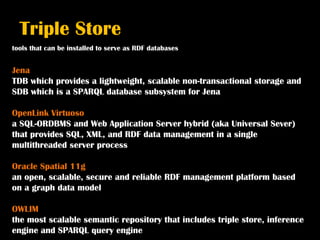Triple Store
tools that can be installed to serve as RDF databases


Jena
TDB which provides a lightweight, scalable non-transactional storage and
SDB which is a SPARQL database subsystem for Jena

OpenLink Virtuoso
a SQL-ORDBMS and Web Application Server hybrid (aka Universal Sever)
that provides SQL, XML, and RDF data management in a single
multithreaded server process

Oracle Spatial 11g
an open, scalable, secure and reliable RDF management platform based
on a graph data model

OWLIM
the most scalable semantic repository that includes triple store, inference
engine and SPARQL query engine
 