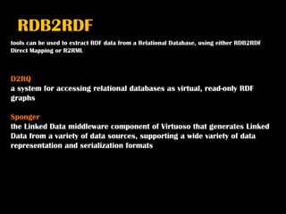 RDB2RDF
tools can be used to extract RDF data from a Relational Database, using either RDB2RDF
Direct Mapping or R2RML



D2RQ
a system for accessing relational databases as virtual, read-only RDF
graphs

Sponger
the Linked Data middleware component of Virtuoso that generates Linked
Data from a variety of data sources, supporting a wide variety of data
representation and serialization formats
 