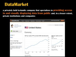 DataMarket
a privately held Icelandic company that specialises in providing access
to and visually displaying data from public and, to a lesser extent,
private institutions and companies
 