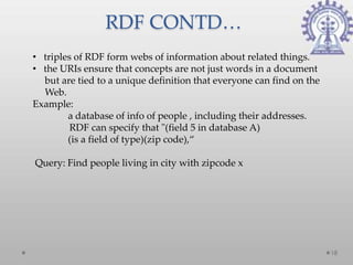 RDF CONTD…
• triples of RDF form webs of information about related things.
• the URIs ensure that concepts are not just words in a document
  but are tied to a unique definition that everyone can find on the
  Web.
Example:
        a database of info of people , including their addresses.
         RDF can specify that "(field 5 in database A)
        (is a field of type)(zip code),“

Query: Find people living in city with zipcode x




                                                                      18
 