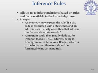 Inference Rules
• Allows us to infer conclusions based on rules
  and facts available in the knowledge base
• Example:
   • An ontology may express the rule "If a city
     code is associated with a state code, and an
     address uses that city code, then that address
     has the associated state code."
   • A program could then readily deduce, for
     instance, that a IIT KGP address, being in
     Kharagpur, must be in West Bengal, which is
     in the India, and therefore should be
     formatted to indian standards.




                                                      24
 