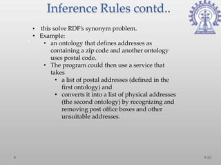 Inference Rules contd..
• this solve RDF’s synonym problem.
• Example:
   • an ontology that defines addresses as
      containing a zip code and another ontology
      uses postal code.
   • The program could then use a service that
      takes
        • a list of postal addresses (defined in the
          first ontology) and
        • converts it into a list of physical addresses
          (the second ontology) by recognizing and
          removing post office boxes and other
          unsuitable addresses.




                                                          25
 