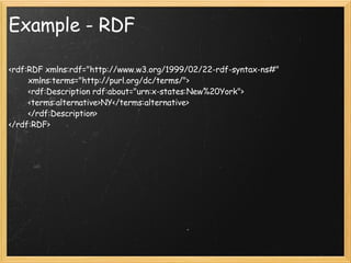 Example - RDF <rdf:RDF xmlns:rdf="http://www.w3.org/1999/02/22-rdf-syntax-ns#"         xmlns:terms="http://purl.org/dc/terms/">         <rdf:Description rdf:about="urn:x-states:New%20York">         <terms:alternative>NY</terms:alternative>         </rdf:Description> </rdf:RDF> 