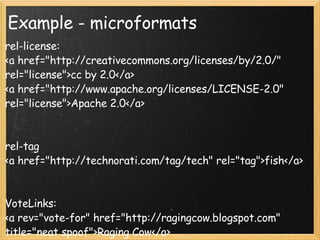 Example - microformats rel-license: <a href="http://creativecommons.org/licenses/by/2.0/" rel="license">cc by 2.0</a> <a href="http://www.apache.org/licenses/LICENSE-2.0" rel="license">Apache 2.0</a> rel-tag <a href="http://technorati.com/tag/tech" rel="tag">fish</a> VoteLinks: <a rev="vote-for" href="http://ragingcow.blogspot.com"  title="neat spoof">Raging Cow</a> <a rev="vote-against" href="http://ragingcow.com"  title="nasty corn syrup drink">Raging Cow</a> XFN: <a href="http://tanya.example.org"  rel="friend met colleague" >...</a> 