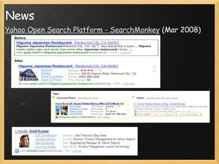 News <ul><li>Yahoo Open Search Platform - SearchMonkey  (Mar 2008) </li></ul>