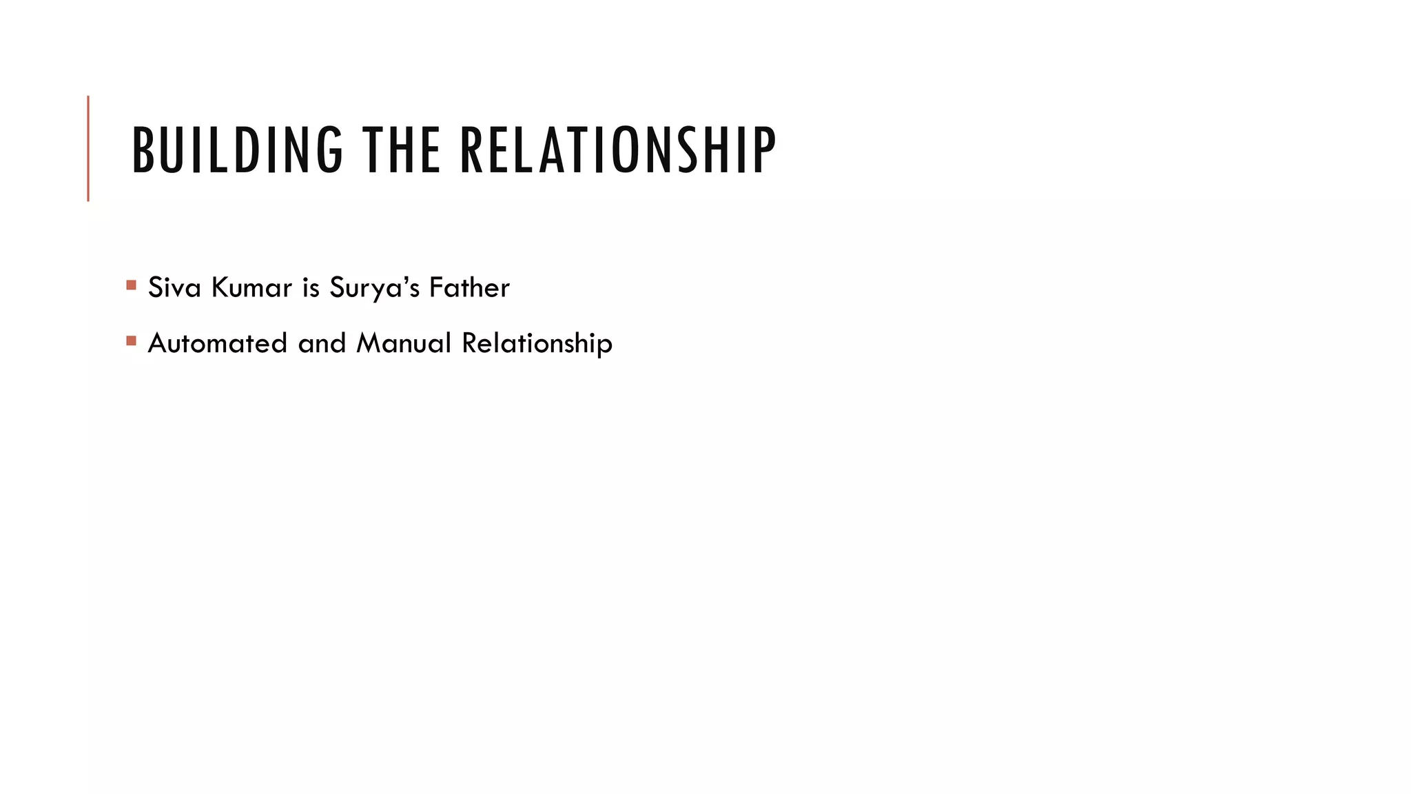 BUILDING THE RELATIONSHIP
 Siva Kumar is Surya’s Father
 Automated and Manual Relationship
 