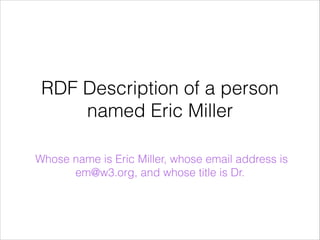 RDF Description of a person
named Eric Miller
Whose name is Eric Miller, whose email address is
em@w3.org, and whose title is Dr.

 