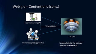 Web 3.0 – Contentions (cont.)

Machine Learning (AI)
Why not both?

The Goal
Human designed approaches

Is consolidation to a single
approach necessary?

 