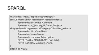SPARQL
PREFIX dbo: <http://dbpedia.org/ontology/>
SELECT ?name ?birth ?description ?person WHERE {
?person dbo:birthPlace :Colombia.
?person <http://purl.org/dc/terms/subject>
<http://dbpedia.org/resource/Category:Colombian_writers> .
?person dbo:birthDate ?birth .
?person foaf:name ?name .
?person rdfs:comment ?description .
FILTER (?birth < "1900-01-01"^^xsd:date).
FILTER (LANG(?description) = 'en') .
}
ORDER BY ?name
 