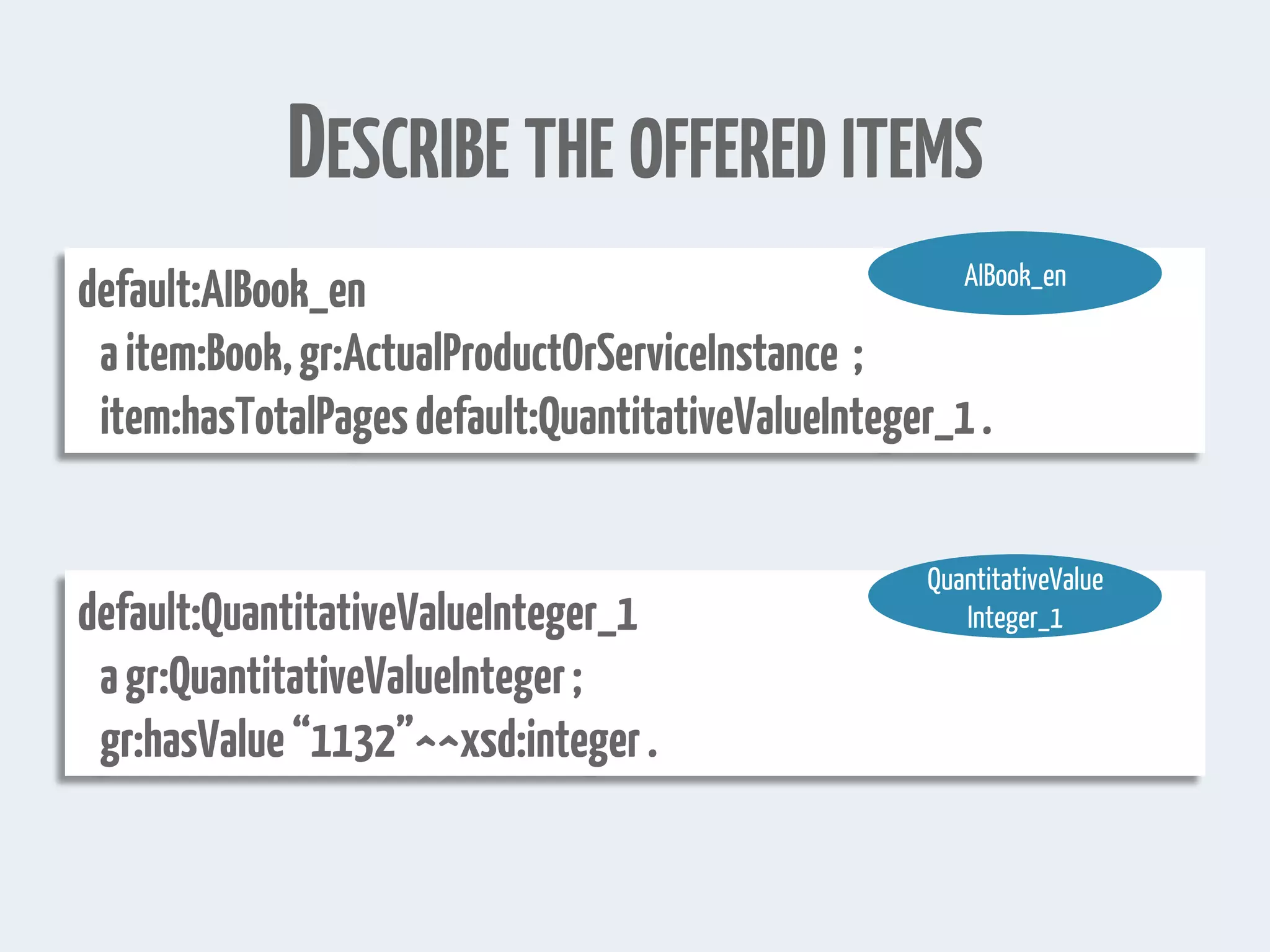 DESCRIBE THE OFFERED ITEMS
default:AIBook_en
aitem:Book,gr:ActualProductOrServiceInstance ;
item:hasTotalPagesdefault:QuantitativeValueInteger_1.
AIBook_en
default:QuantitativeValueInteger_1
agr:QuantitativeValueInteger;
gr:hasValue“1132”^^xsd:integer.
QuantitativeValue
Integer_1
 