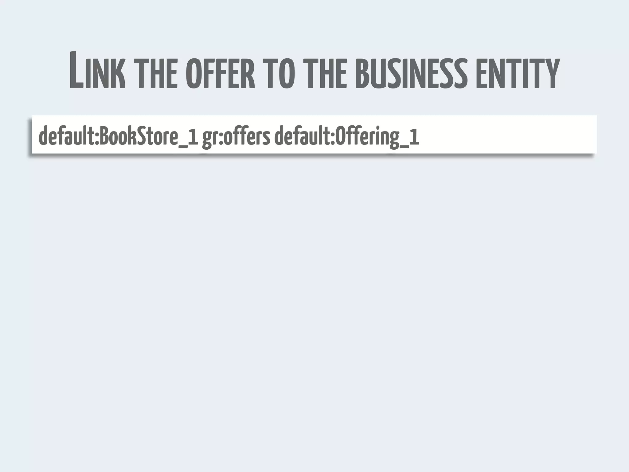 default:BookStore_1gr:offersdefault:Offering_1
LINK THE OFFER TO THE BUSINESS ENTITY
 