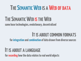 THE SEMANTIC WEB IS A WEB OF DATA
THE SEMANTIC WEB IS THE WEB
samebasetechnologies,evolutionary,decentralized
IT IS ABOUT COMMON FORMATS
forintegrationandcombinationofdatadrawnfromdiversesources
IT IS ABOUT A LANGUAGE
forrecordinghowthedatarelatestorealworldobjects
 