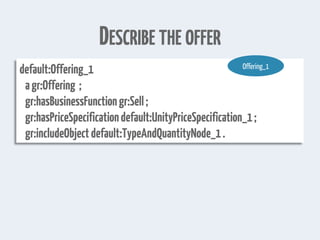 DESCRIBE THE OFFER
default:Offering_1
agr:Offering ;
gr:hasBusinessFunctiongr:Sell;
gr:hasPriceSpecificationdefault:UnityPriceSpecification_1;
gr:includeObjectdefault:TypeAndQuantityNode_1.
Offering_1
 