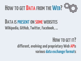 HOW TO GET DATA FROM THE WEB?
DATA IS PRESENT ON SOME WEBSITES
Wikipedia,GitHub,Twitter,Facebook,…
HOW TO GET IT?
different,evolvingandproprietaryWebAPIs
variousdataexchangeformats
 