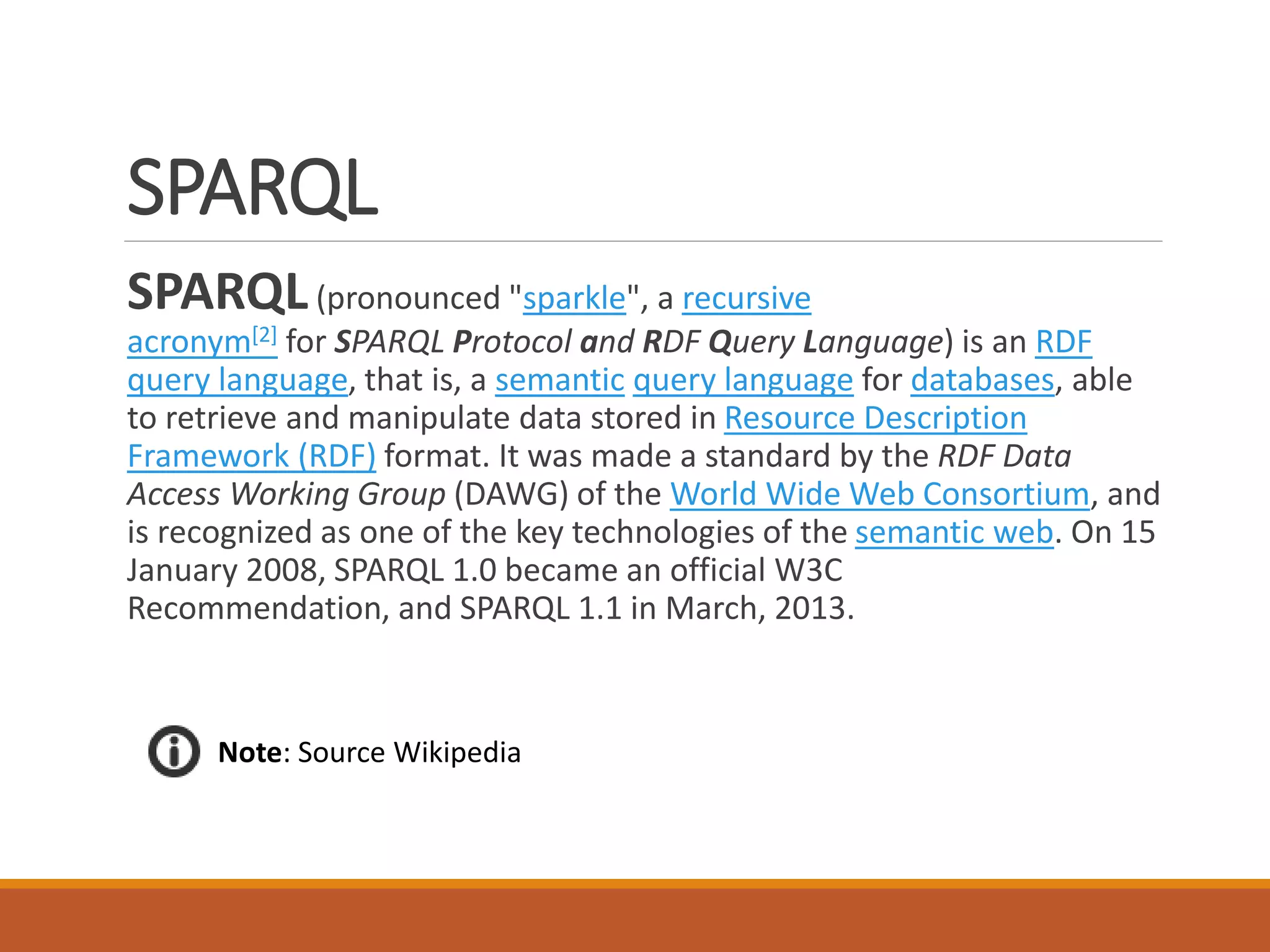 The Language Structure
PREFIX abc: <nul://sparql/exampleOntology#> .
SELECT ?capital ?country WHERE {
?x abc:cityname ?capital ;
<nul://sparql/exampleOntology#isCapitalOf> ?y.
?y abc:countryname ?country ;
abc:isInContinent abc:Africa.
}
CURI
Resource
Note: It is a bit like an SQL Select Statement
Fully
Qualified
Triple
Variable
 