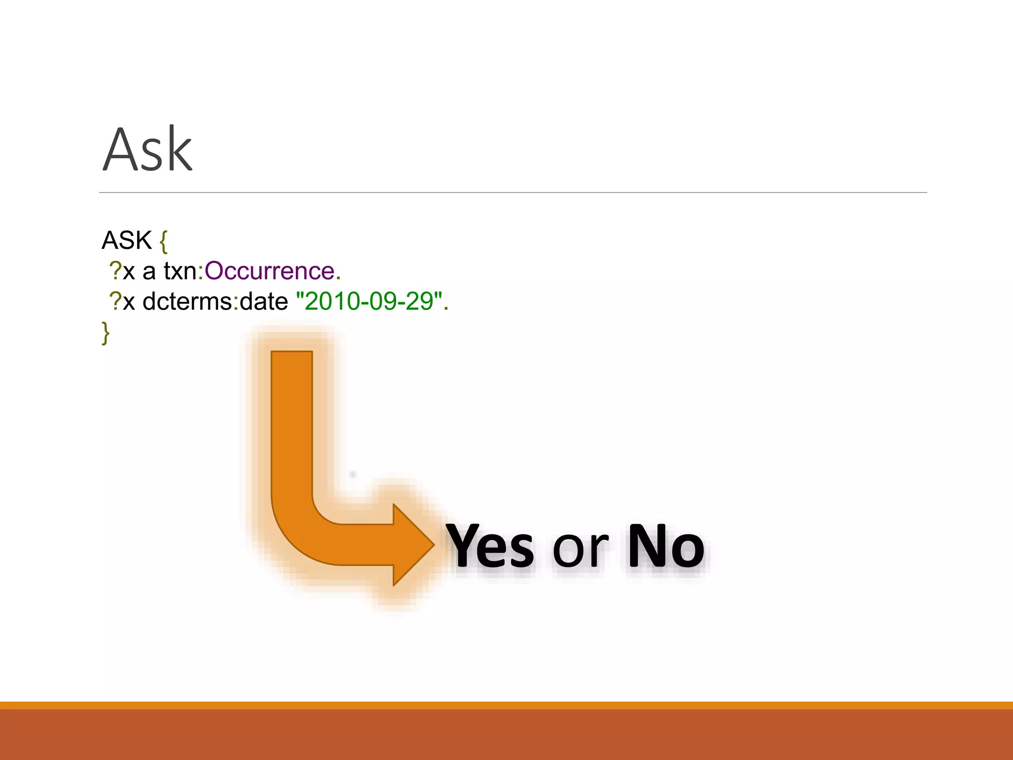 Select
SELECT ?person ?name ?email WHERE {
?person foaf:email ?email.
?person foaf:name ?name.
?person foaf:skill "internet".
}
LIMIT 50
Note: Results are returned in a tabular format
 