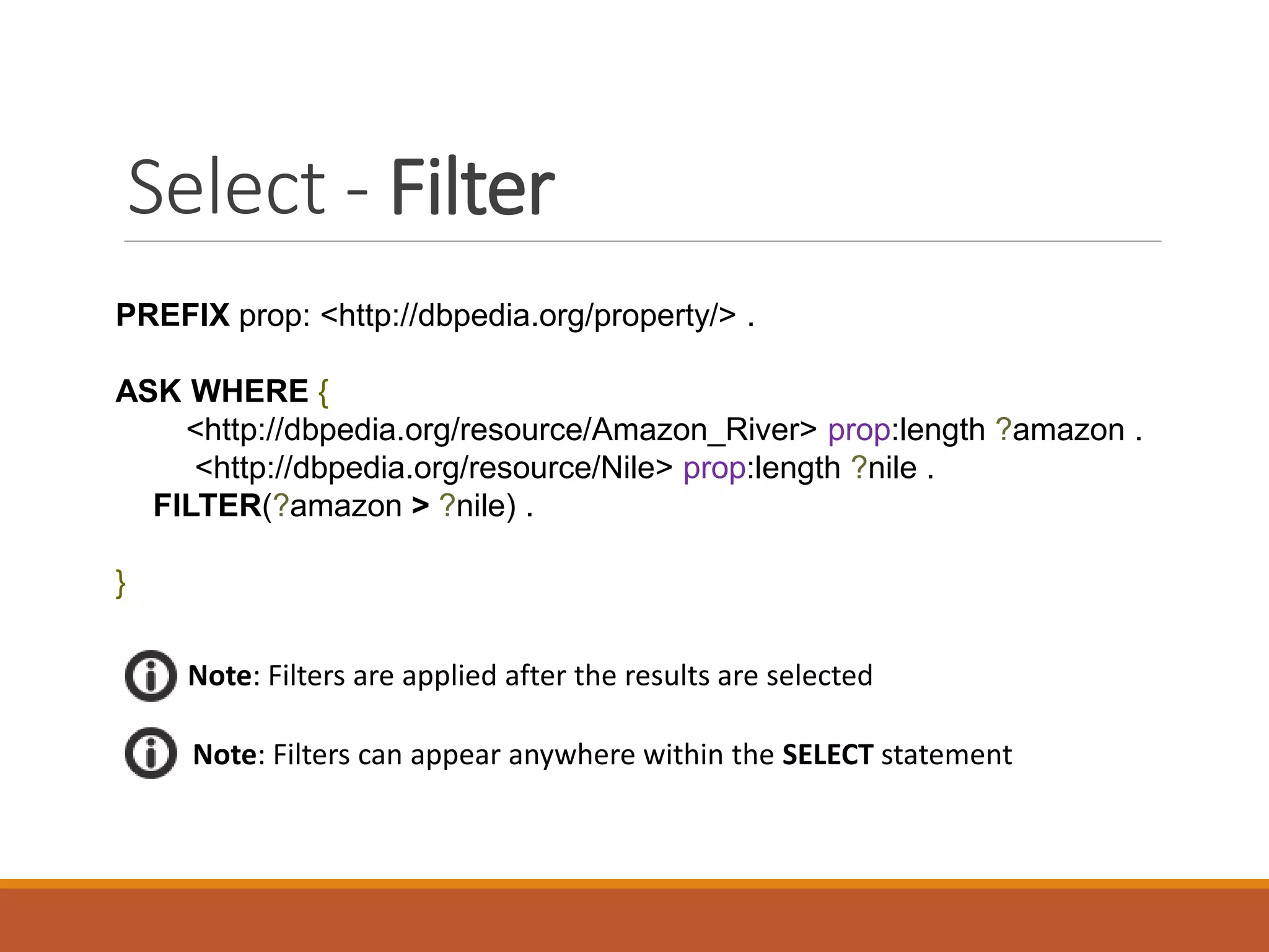 Alternatives - Union
PREFIX go: <http://purl.org/obo/owl/GO#> .
PREFIX rdfs: <http://www.w3.org/2000/01/rdf-schema#> .
PREFIX odo: <http://www.obofoundry.org/ro/ro.owl#> .
SELECT DISTINCT ?label ?process
COUNT(*) AS ?count
WHERE {
{ ?process obo:part_of go:GO_0007165 }
UNION
{ ?process rdfs:subClassOf go:GO_0007165 }
?process rdfs:label ?label
}
GROUP BY ?label ORDER BY DESC(COUNT(*))
GROUP BY ?interest ORDER BY DESC(COUNT(*))
COUNT(*) AS ?count
 