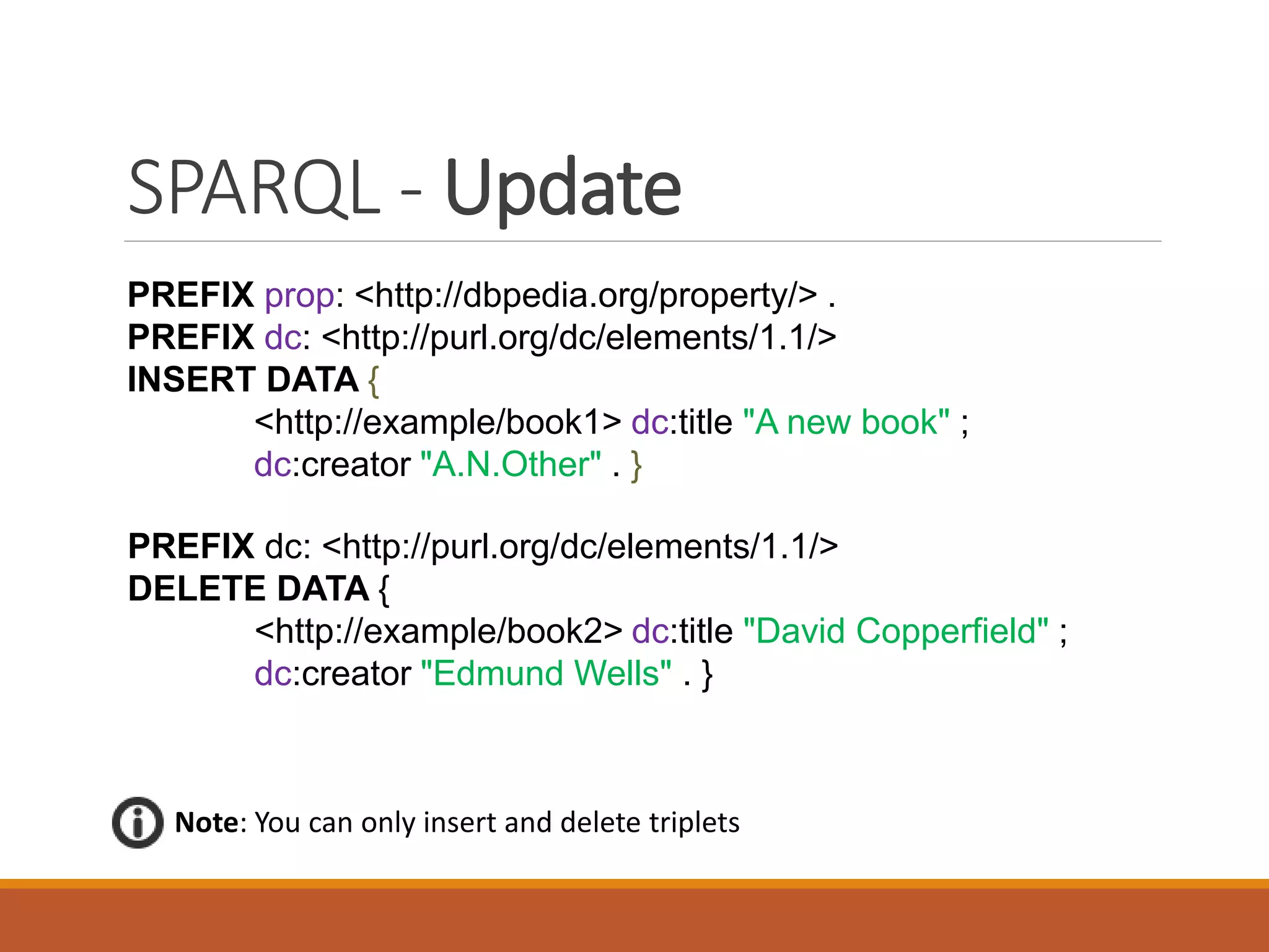 Quads – The Graph
CONSTRUCT {
GRAPH :g { ?s :p ?o }
{ ?s :p ?o }
<http://purl.org/obo/owl/GO#> { :s ?p :o }
WHERE {
.
.
.
}
Note: Can be seen as a schema in a relational database
Default Graph
URI
 