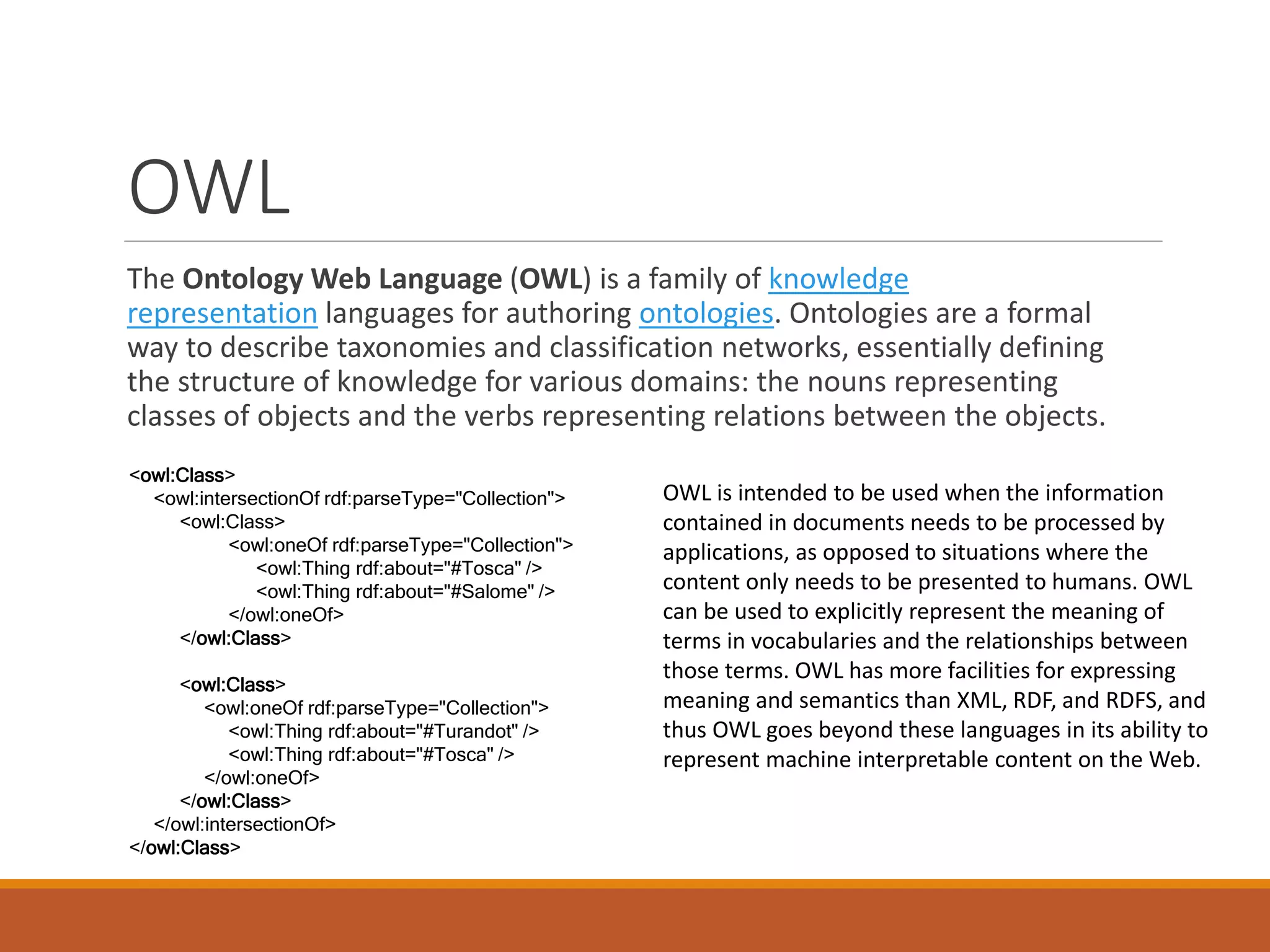 Reification
@prefix rdf: <http://www.w3.org/1999/02/22-rdf-syntax-ns#> .
@prefix dc: <http://purl.org/dc/elements/1.1/> .
@prefix : <http://example/ns#> .
_:a rdf:subject <http://example.org/book/book1> .
_:a rdf:predicate dc:title .
_:a rdf:book "SPARQL" .
_:a :saidBy "Alice" .
_:b rdf:subject <http://example.org/book/book1> .
_:b rdf:predicate dc:title .
_:b rdf:book "SPARQL Tutorial" .
_:b rdf:video "SPARQL Queries" .
_:b :saidBy "Bob" .
PREFIX rdf: <http://www.w3.org/1999/02/22-rdf-syntax-ns#>
PREFIX dc: <http://purl.org/dc/elements/1.1/>
PREFIX : <http://example/ns#>
SELECT ?book ?title
WHERE
{ ?t rdf:subject ?book .
?t rdf:predicate dc:title .
?t rdf:object ?title .
?t :saidBy "Bob" .
}
book title
<http://example.org/book/book1> "SPARQL Tutorial"
<http://example.org/book/book1> "SPARQL Queries"
 
