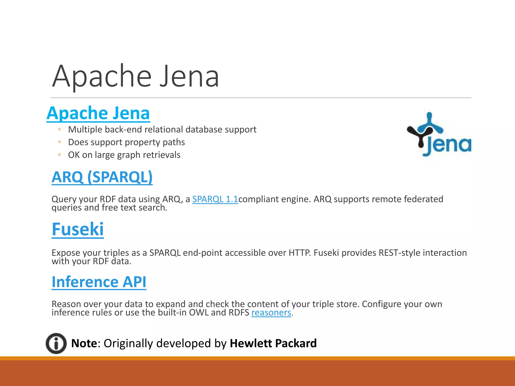 AllegroGraph
AllegroGraph
◦ Utilises Aduna Sesame Infrastructure
◦ Very Fast
◦ Supports ‘free text’
◦ Supports Geospatial search
 