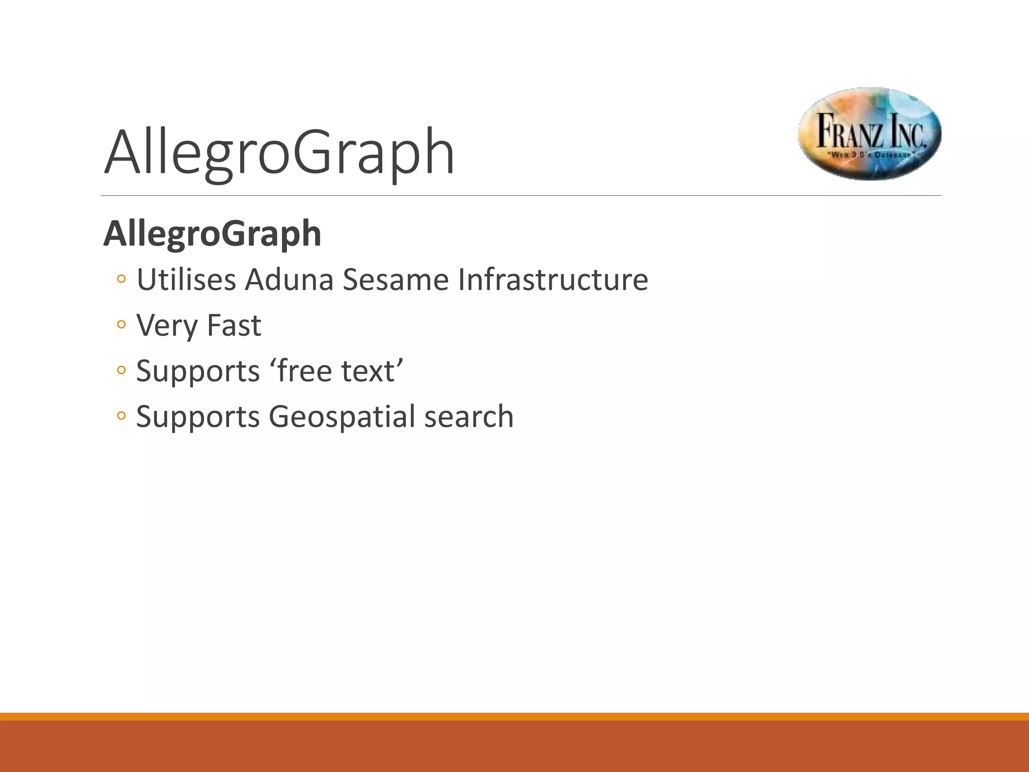 Oracle
Has 2 implementations
◦ Has two implementations
◦ A relation back-end (part of the Spatial Pack)
Not so Good (not good for large Graphs)
◦ Built on Oracle Big Data/NoSQL technology
◦ Utilises Apache Jena
◦ Get Neil’s thumbs up 
Oracle has nearly two decades of experience working with spatial and graph
database technologies. We have combined this with cutting edge research
from Oracle Labs to deliver advanced analytics for the NoSQL and Hadoop
platform.
Oracle Big Data Spatial and Graph- Q&A with James Steiner,
VP of product management
Melli Annamalai, PhD
 