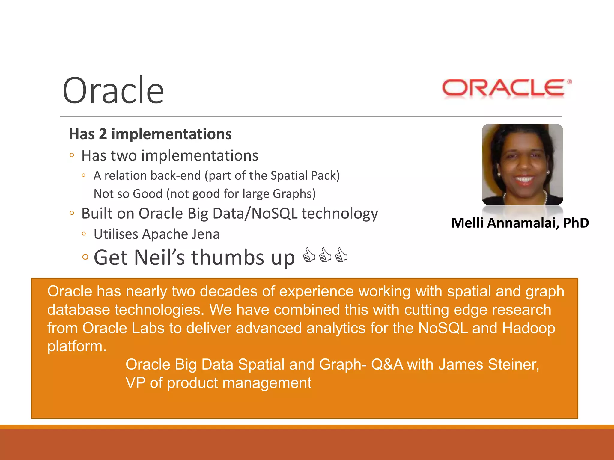 Bench Mark – Load Times
0
10
20
30
40
50
60
70
80
20
40
60
80
100
120
140
160
180
200
220
240
(Systap) Bigdata
(Sesame) Postgres
(Oracle) Spatial
(Sesame) File
Time in Minutes
 