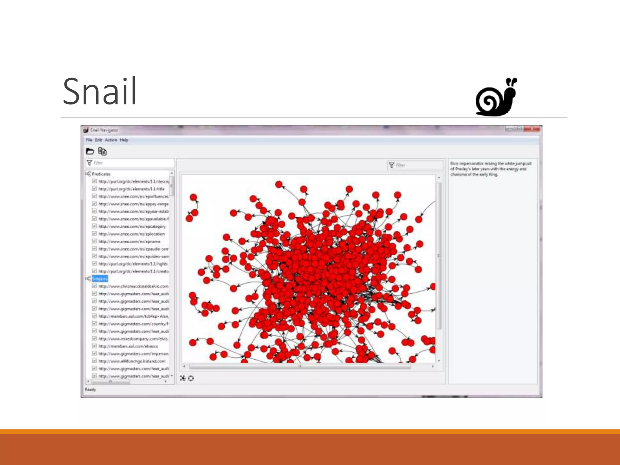 Conclusion
This talk covered:
 RDF
 RDF Structures
 The SPARQL language
 SPARQL Analytical Tools
 Property Paths
 R Integration
 Ontology and Ontological Support
 Triple Store Implementations
 My Stuff
 Bongo
 Snail
Note: Read Foundations of Semantic Web Technologies
Pacscal Hitzler, Markus Krotzsch and Sebastian Rudolph
 