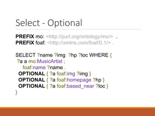 The Optional Clause Result
foaf:based_near
foaf:name
foaf:based_near
foaf:img
foaf:homepage
mo:MusicArtist
foaf:name
mo:MusicArtist
foaf:based_near
foaf:name
foaf:homepage
foaf:img
foaf:img
 