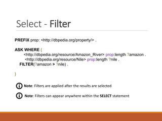 Alternatives - Union
PREFIX go: <http://purl.org/obo/owl/GO#> .
PREFIX rdfs: <http://www.w3.org/2000/01/rdf-schema#> .
PREFIX odo: <http://www.obofoundry.org/ro/ro.owl#> .
SELECT DISTINCT ?label ?process
COUNT(*) AS ?count
WHERE {
{ ?process obo:part_of go:GO_0007165 }
UNION
{ ?process rdfs:subClassOf go:GO_0007165 }
?process rdfs:label ?label
}
GROUP BY ?label ORDER BY DESC(COUNT(*))
GROUP BY ?interest ORDER BY DESC(COUNT(*))
COUNT(*) AS ?count
 