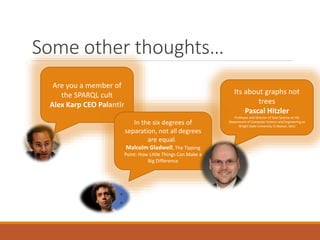 Some other thoughts…
Are you a member of
the SPARQL cult
Alex Karp CEO Palantir
Its about graphs not
trees
Pascal Hitzler
Professor and Director of Data Science at the
Department of Computer Science and Engineering at
Wright State University in Dayton, Ohio
In the six degrees of
separation, not all degrees
are equal.
Malcolm Gladwell, The Tipping
Point: How Little Things Can Make a
Big Difference
 