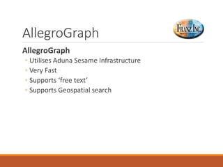 Oracle
Has 2 implementations
◦ Has two implementations
◦ A relation back-end (part of the Spatial Pack)
Not so Good (not good for large Graphs)
◦ Built on Oracle Big Data/NoSQL technology
◦ Utilises Apache Jena
◦ Get Neil’s thumbs up 
Oracle has nearly two decades of experience working with spatial and graph
database technologies. We have combined this with cutting edge research
from Oracle Labs to deliver advanced analytics for the NoSQL and Hadoop
platform.
Oracle Big Data Spatial and Graph- Q&A with James Steiner,
VP of product management
Melli Annamalai, PhD
 