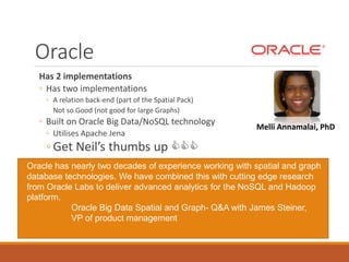 Bench Mark – Load Times
0
10
20
30
40
50
60
70
80
20
40
60
80
100
120
140
160
180
200
220
240
(Systap) Bigdata
(Sesame) Postgres
(Oracle) Spatial
(Sesame) File
Time in Minutes
 
