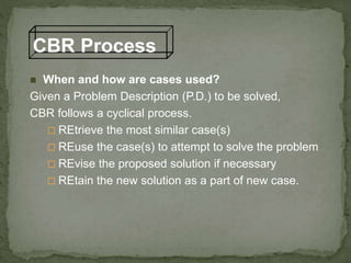CBR Process
 When and how are cases used?
Given a Problem Description (P.D.) to be solved,
CBR follows a cyclical process.
 REtrieve the most similar case(s)
 REuse the case(s) to attempt to solve the problem
 REvise the proposed solution if necessary
 REtain the new solution as a part of new case.
 